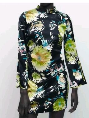 Zara Floral Satin Ruched Mock Neck Mini Dress Size XS